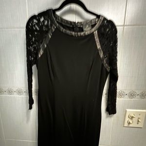 Adrianna Papell Black Bodycon Dress with Leather Detail & Lace Sleeves
